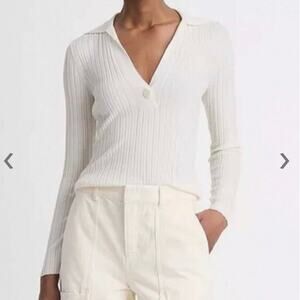 VINCE Snap Polo V-Neck Wool Blend Ribbed Off White Blouse Women’s Size M NWT